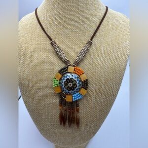 New Handmade Tribal Boho Beaded Tassel Drop Long Necklace & Suede Cord
